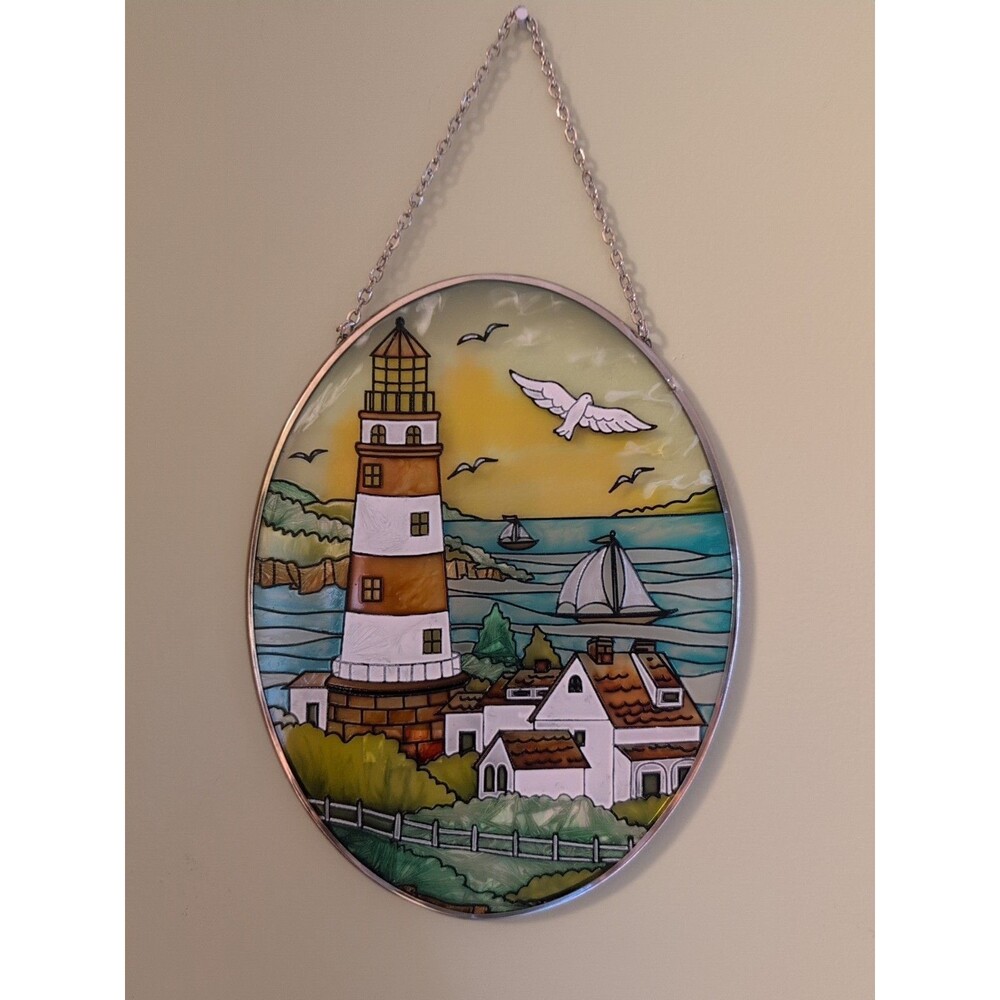 Vintage Stained Painted Glass Sun-catcher Lighthouse Ocean Scene 7"X5"
